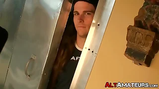 Glum tattooed amateur sportsman jerks off while voyeur watches
