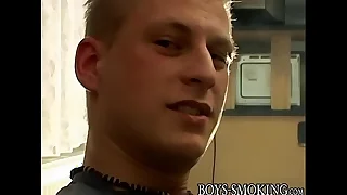 Twink cigar smoker wanks his shaved cock and jizzes solo